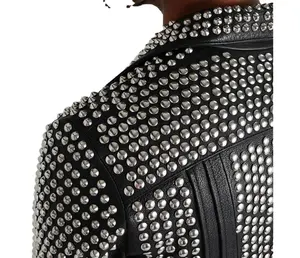 Punk Metal Studded Biker Black Leather Jacket Women's Men's Silver Studded Sleeves Genuine Leather Belted Jacket