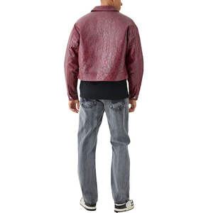 Chaqueta de Cuero Estilo Motero para Hombre, Estilo Americano, Invernal, Transpirable, con Calefacción, de Piel de Vaca Encerada Color Borgoña, Cuello Alto - Product Image 3