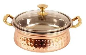 Plat en cuivre martelé avec couvercle en verre et base en acier inoxydable, compatible lave-vaisselle, design authentique, idéal pour un usage domestique et professionnel - Product Image 2