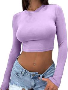Top corto de manga larga Sexy para mujer 2024 cuello redondo básico ajustado recortado camisetas - Product Image 3