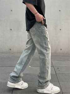 Pantalones vaqueros rectos rasgados de calle para hombre Pantalones sueltos de color sólido lavados con bolsillo de botón - Product Image 4