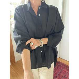 Camisa Larga Oversize de Lino para Mujer, Estilo Vintage Negro, Transpirable, 100% Lino, Cuello con Volantes, Decoración de Encaje, Ideal para Primavera - Product Image 4