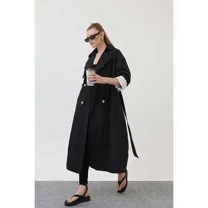Trench-coat décontracté pour femme 32141TRC avec détail imprimé rayé, simple boutonnage, en tissu de laine, fermeture à ceinture et rembourrage en coton - Product Image 1