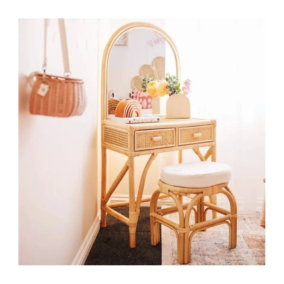 Meubles de maison, coiffeuse en rotin, miroir, maquillage, coiffeuse avec chaise, vente en gros