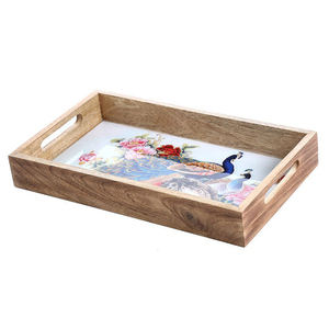 Bandeja de almacenamiento decorativa rectangular de diseño Floral esmaltado moderno Bandeja de servicio de madera con asas de corte - Product Image 4