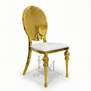 Chaise de mariage en acier inoxydable doré avec dossier médaillon ovale tressé et coussin blanc pour événements de mariage et banquets – Sièges événementiels - Product Image 3