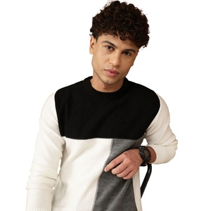 Pull-over en tricot à col rond pour homme, coupe classique, style décontracté, color-block, pour l'automne, blanc, noir, gris, en coton - Product Image 5