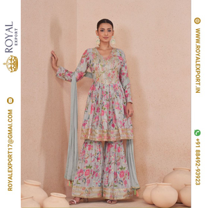 Nouveau concepteur véritable Chinon impression numérique Salwar Kameez avec travail de broderie et même travail sur le fond et Dupatta - Product Image 2