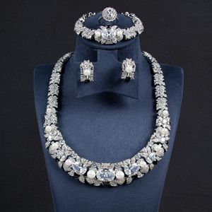 El más nuevo diseño 4PCs Conjuntos de joyas Lujo Nupcial Perla Colorido Zirconia Diamante Hermoso Collar Conjuntos de joyas de boda - Product Image 4