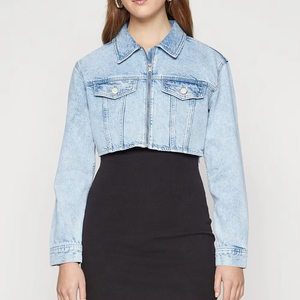 แจ็คเก็ตยีนส์ครอปผู้หญิงสไตล์ลำลองสีอ่อน ผ้าฝ้าย 100% แขนยาว - Product Image 1