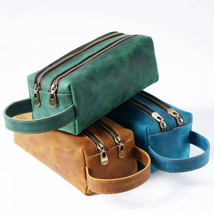 Pochette de rasage en cuir véritable Organisateur de voyage Pochette de beauté à fermeture éclair Sacs à cosmétiques Trousse de maquillage pour femmes Trousse de toilette pour hommes - Product Image 3