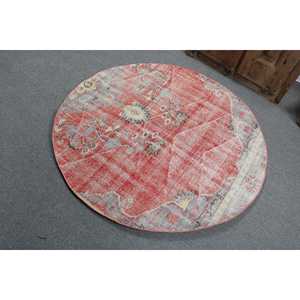 Alfombra Turca Vintage Redonda de 4.5x4.5 pies (136x136 cm), Alfombra Roja Sólida - Product Image 4