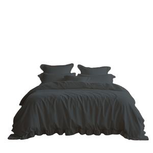 Parure de lit de luxe en satin noir respirant en polycoton, drap-housse à volants pour lit double, taies d'oreiller, technique de tissage unie - Product Image 1