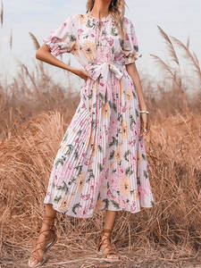 Robe décontractée en jersey pour femme grande taille, col rond noué, plissée, avec ceinture, imprimé floral tendance, taille naturelle, approvisionnement ODM - Product Image 5