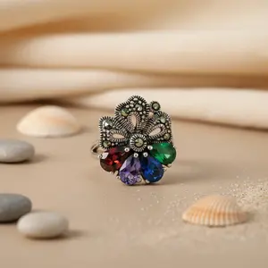 Romantic Trendy <b>Silver</b> Marcasite <b>Statement</b> <b>Ring</b> for Women Gold & Rose Gold Plated Inlay Gemstones Children Friendly - Product Image 2
