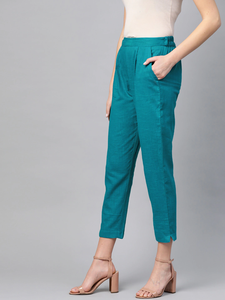 Breathable Womens Teal Cotton Slub <b>Trouser</b> <b>Pants</b> Crafted In Regular Fit For Comfortable Casual Office Travel And Daily Wear - Product Image 2