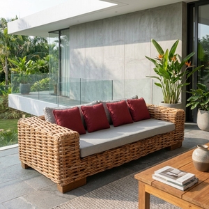 Natural Chunky Rattan Woven Outdoor 3 Seater Sofa Grey Cushion <b>Red</b> <b>Throw</b> Pillows Patio Daybed Decor Pure Room Art Design - Product Image 5