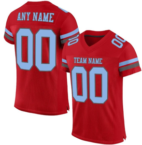 Camiseta de Fútbol Roja Personalizada con Rayas Azul Claro, Nombre del Equipo y Número Personalizados, Malla Transpirable - Product Image 1