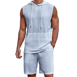 2025 conjuntos cortos de chándal para hombre, conjunto de 2 piezas de verano de color liso, conjunto informal sin mangas con capucha y pantalones cortos - Product Image 1
