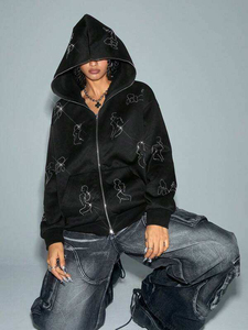 Sudadera con Capucha Negra de Corte Regular con Pedrería para Hombre, Chaqueta Urbana con Cremallera, Diseño de Líneas de Cristal, Cremallera Completa, Estilo Gótico Y2K, 100% Algodón, Invierno - Product Image 3