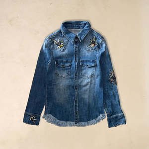 Camisa/Blusa Vaquera Vintage con Bordado, Tela Gruesa con Elegancia - Product Image 1