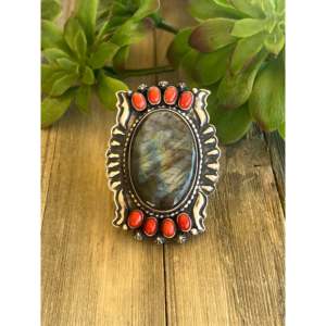 Shawn Cayatineto Vintage <b>Statement</b> <b>Ring</b> Sterling Silver Gemstone <b>Ring</b> with Coral Bezel Setting Size 7 Everyday Wear - Product Image 1