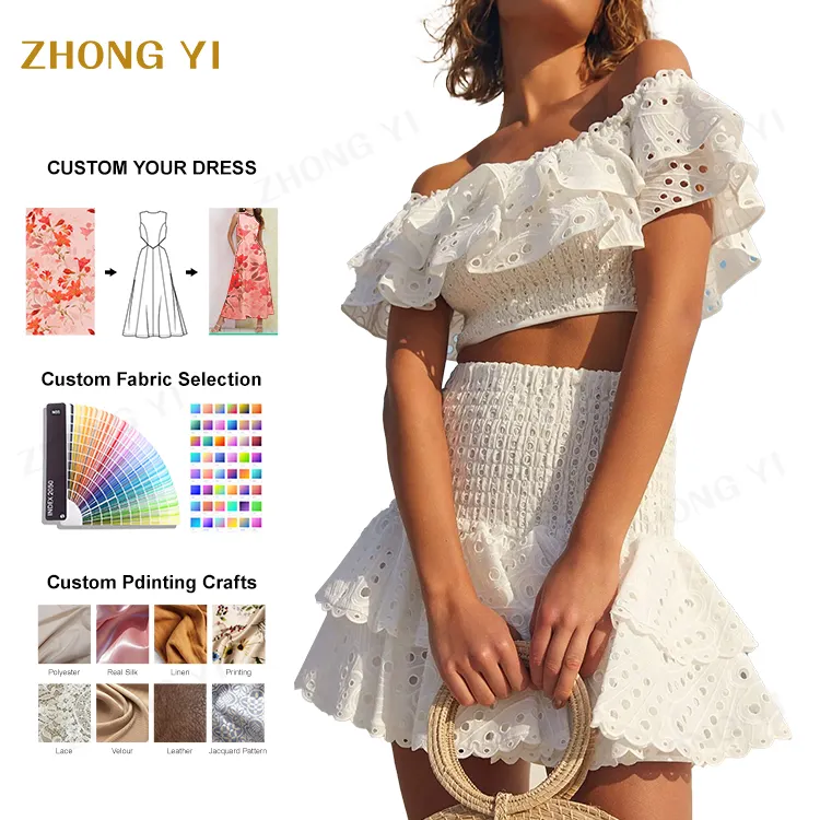 2023 Summer Custom One Line Shoulder Crop Top High Waist Line A Line Double Layer Skirt Combination Two Piece Women Fashion Sets