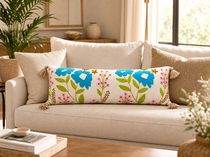 Funda de Cojín Lumbar Bordada a Mano con Diseño Floral de Algodón, con Borlas en las Esquinas, Color Turquesa, para Decoración de Sofá - Product Image 1