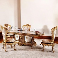 Ensemble de table à manger convertible 5 pièces en bois massif d'acajou européen de luxe, sculpté à la main avec des motifs dorés, style mi-siècle, pour appartement ou hôtel