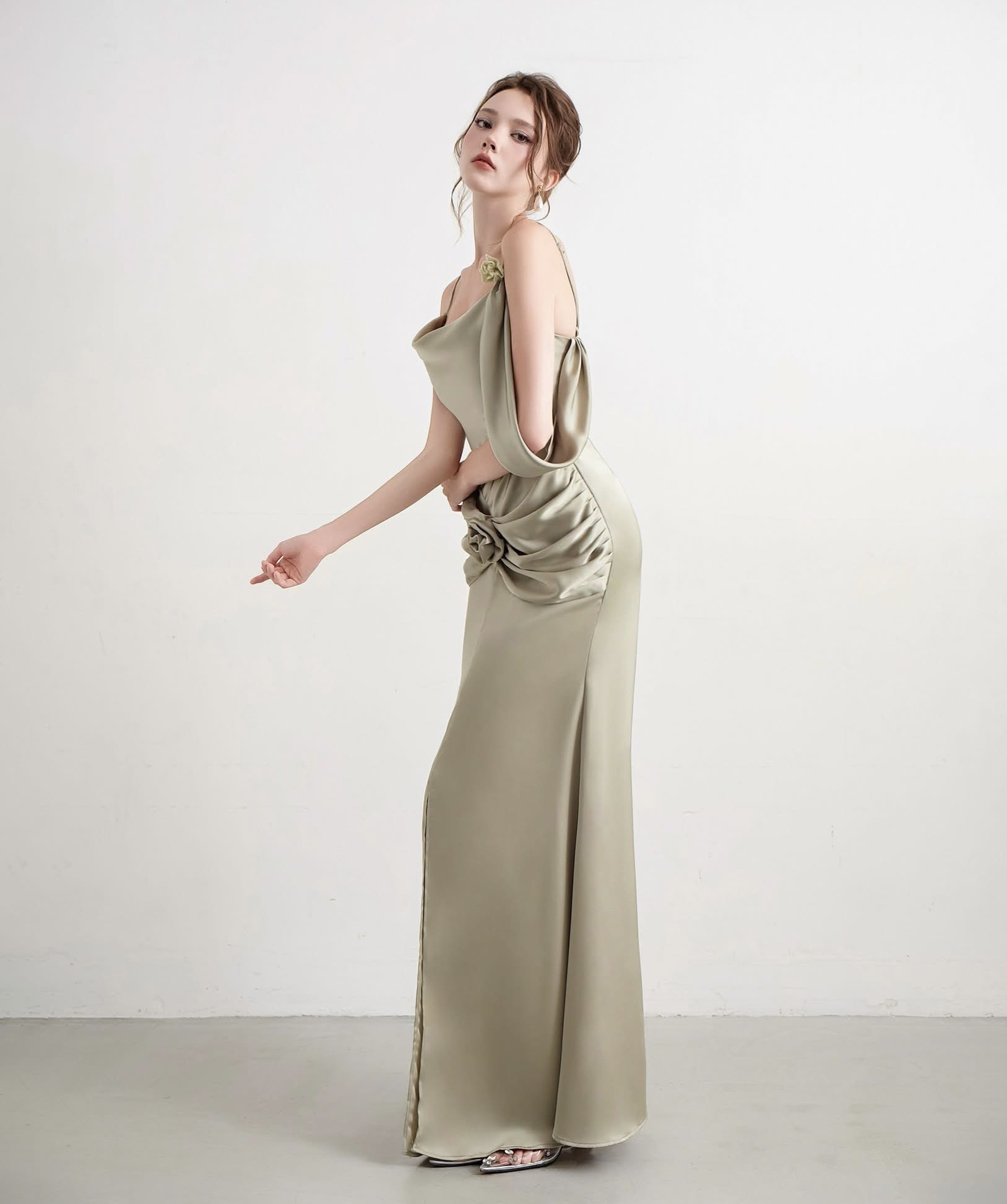 light green silk dress long Strapless Sage Green Satin A-line Long Prom Dress With Slit, Sage Green / 0 main image 1