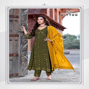 Nouvel arrivage Beautiful Occasional Wear Attrayant Rayon Slub Kurti Pant & Dupatta With Embroidery Work Fabrication from India - Product Image 1