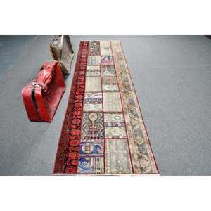 2.8x9.5 ft Rug, Vintage Turkish Rug, <b>Red</b> Animal Print <b>Wool</b> Rug - Product Image 1