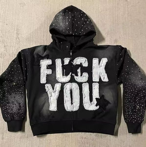 เสื้อแจ็คเก็ตซิปผู้ชายประดับพลอยเทียมปักลายกำหนดเองได้เสื้อฟลีซซักแบบวินเทจมีฮู้ดผ้าคอตตอน100% สไตล์สตรีทแวร์ - Product Image 4