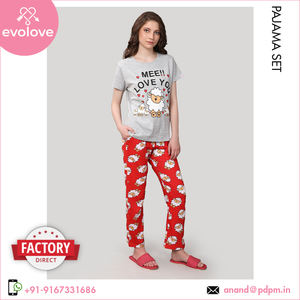 Material de algodón 100% de calidad de larga duración, ropa de dormir para mujer, Conjunto de pijama de dos piezas de media manga de punto para mujer - Product Image 4