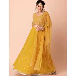 Juego tradicional de Lehenga Choli amarillo glamuroso para fiesta con tela Georgette pesada - Product Image 1