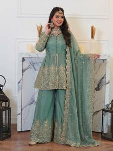 Designer Ethnic Wear Embroidery Sequence Work Fandy Silk <b>Top</b> With Plazzo Bottom And Dupatta Fully Stitched Ready To Wear Set - Product Image 2