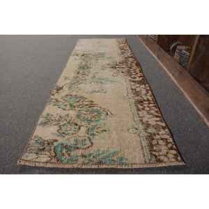 Alfombra turca Vintage 1,7X5 pies Beige Marrón Lana hecha a mano Área grande con diseño de retazos para la habitación de los adolescentes Pasillo Respaldo de látex - Product Image 2