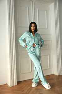 Conjunto de Pijama de Satén para Mujer, Transpirable, Térmico, para Primavera, Camisa de Manga Larga con Botones y Pantalones - Product Image 4