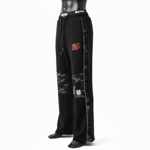 กางเกงขายาวทรงบานผ้าฟลีซโพลีเอสเตอร์พรีเมียม เนื้อผ้านุ่ม ยืดหยุ่น ลายพรางสีดำ ปักโลโก้ด้วยความร้อน ทรงพอดีตัวสำหรับผู้ชาย - Product Image 5