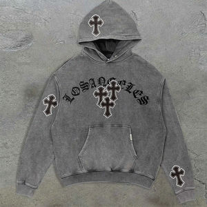 <b>Top</b> Design Best Selling High Quality Sun Faded Washed Hoodies 100% Cotton Rhinestone <b>Distressed</b> Embroidery Pullover Hoodies - Product Image 2