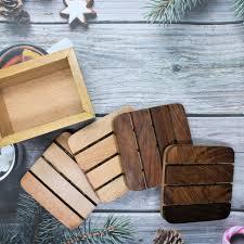 Sous-verres en bois avec support 4 pièces ensembles sous-verres en bois tasse sous-verre ensemble pour Bar cuisine maison appartement obtenir pour rassembler des cadeaux - Product Image 3