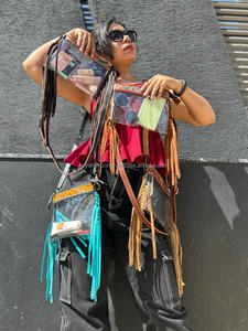 Western Hand Tooled Carving Leather Fringe Transparent Clear Bag Stylish Purse Multi Uses Turquoise Color for Women's Multi Use - Product Image 3