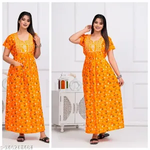 Women's Cotton Printed Summer <b>Maxi</b> <b>Nightdress</b> Free Size Short Sleeve Long Gown Comfortable Daily Wear Front Machine-Washable - Product Image 3