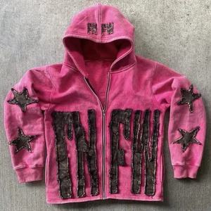 2025 New Design Customize Distressed Embroidery Patches Acid Wash Zipper Hoodie 100 % Cotton 450 GSM heavyweight Men Hoodie - Product Image 2