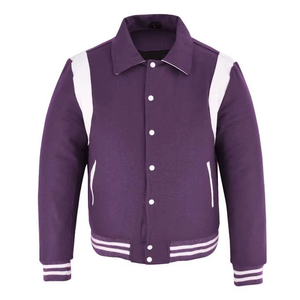Iconic Men's Royal Purple <b>Leather</b> <b>Strip</b> College Jacket Stand Collar Varsity Letterman Baseball Design High Street Low MOQ Winter - Product Image 6