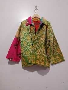 Unisex Vintage Style Long Sleeve Coat Handmade Kantha <b>Quilted</b> Cotton Jacket Turn Collar Raw Edge Design Floral Autumn Winter - Product Image 5