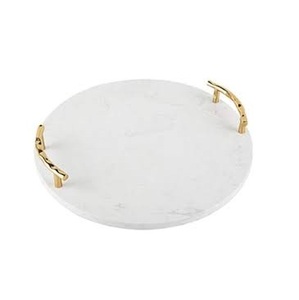 Round White Marble Serving Tray New Customized Fashionable Trending Design Metal <b>Gold</b> Finishing Handle Low Cost - Product Image 1