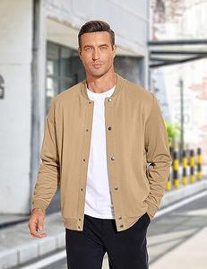 แจ็กเก็ตแบบลำลองสำหรับผู้ชาย, เสื้อแจ็คเก็ตสไตล์สตรีทแวร์น้ำหนักเบาทำจากผ้าขนสัตว์เบสบอลกระดุมติดโลโก้ด้านหน้า - Product Image 1