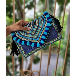 Women's Handcrafted Cotton Geometric Zipper <b>Clutch</b> Bohemian <b>Embellished</b> Handmade Daily Use Bag - Product Image 3