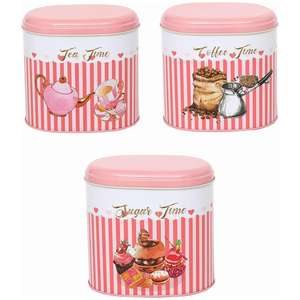 3 Pcs Round Tin Box Kitchen Set Dome Lid Pink <b>Background</b> Sprinkles Design - Product Image 1